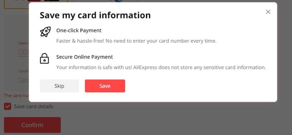 Save creditcard info AliExpress